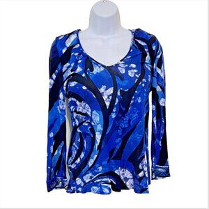 Emilio Pucci - Blue/Black/White Swirl Abstract Clingy Fitted Long Sleeve Blouse